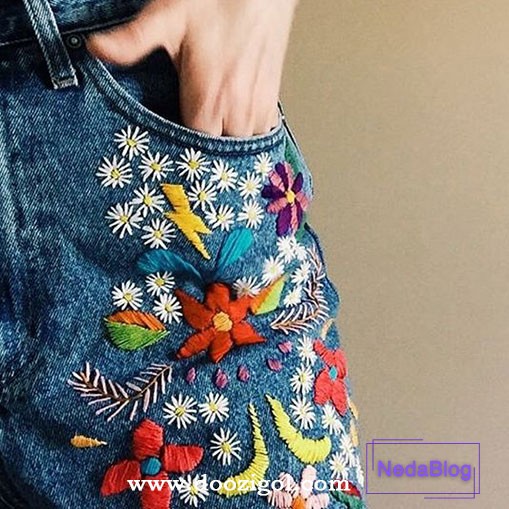 گلدوزی با دست روی شلوار