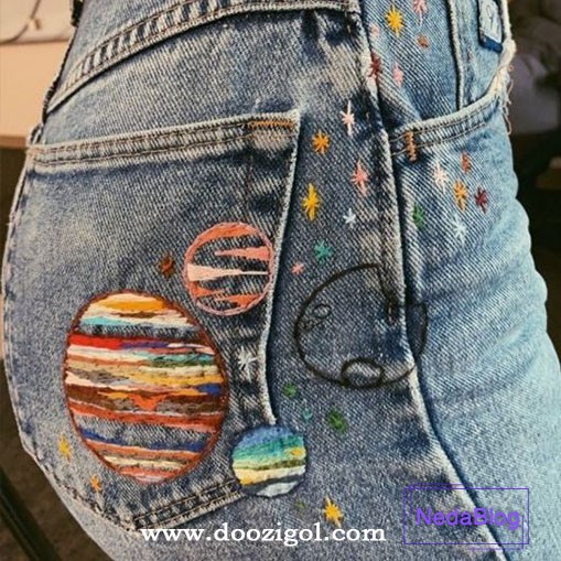 گلدوزی با دست روی شلوار