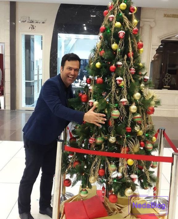 حامد آهنگی در کنار درخت کریسمس
