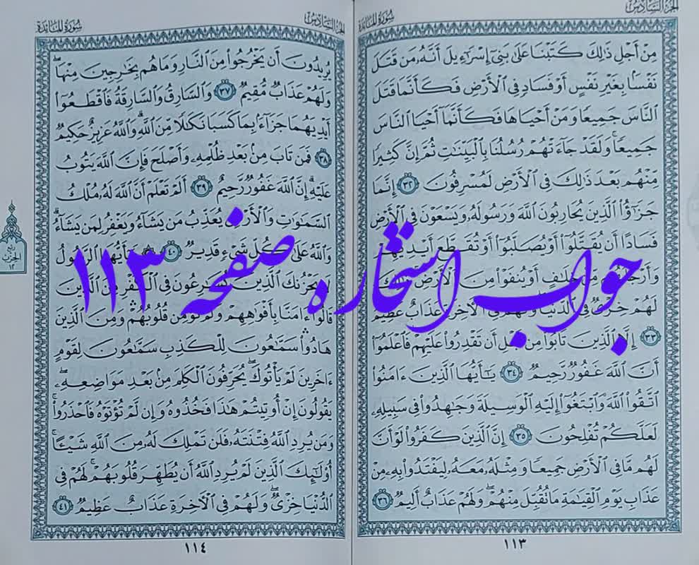 جواب استخاره صفحه 113 قرآن مجید