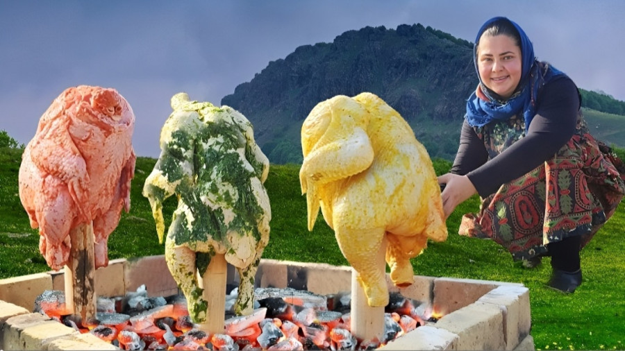 پخت کامل مرغ در زیر سطل در آتش