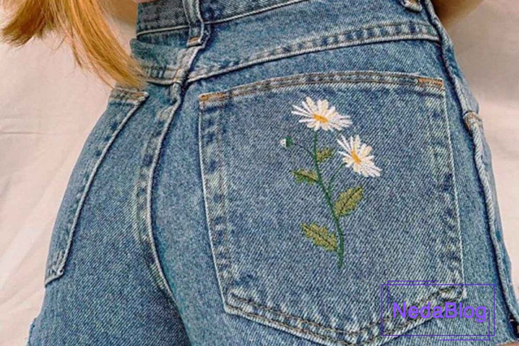 نحوه دوخت گل بابونه بر روی شلوار لی
