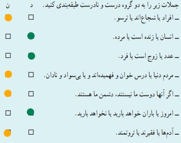 جملات زیر را به دو گروه درست و نادرست طبقه بندی کنید.