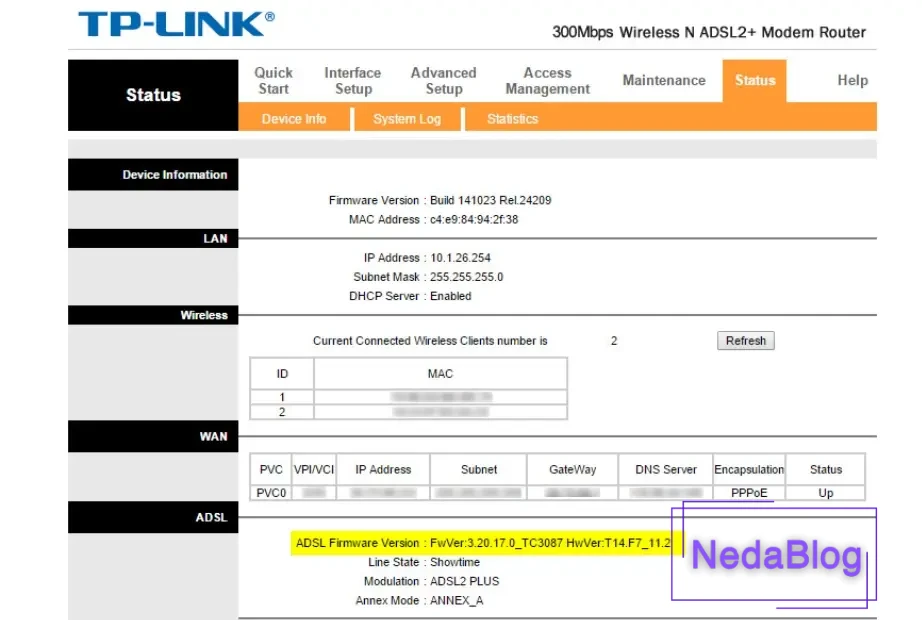 نسخه حال حاضر فرمویر در قسمت Status مودم