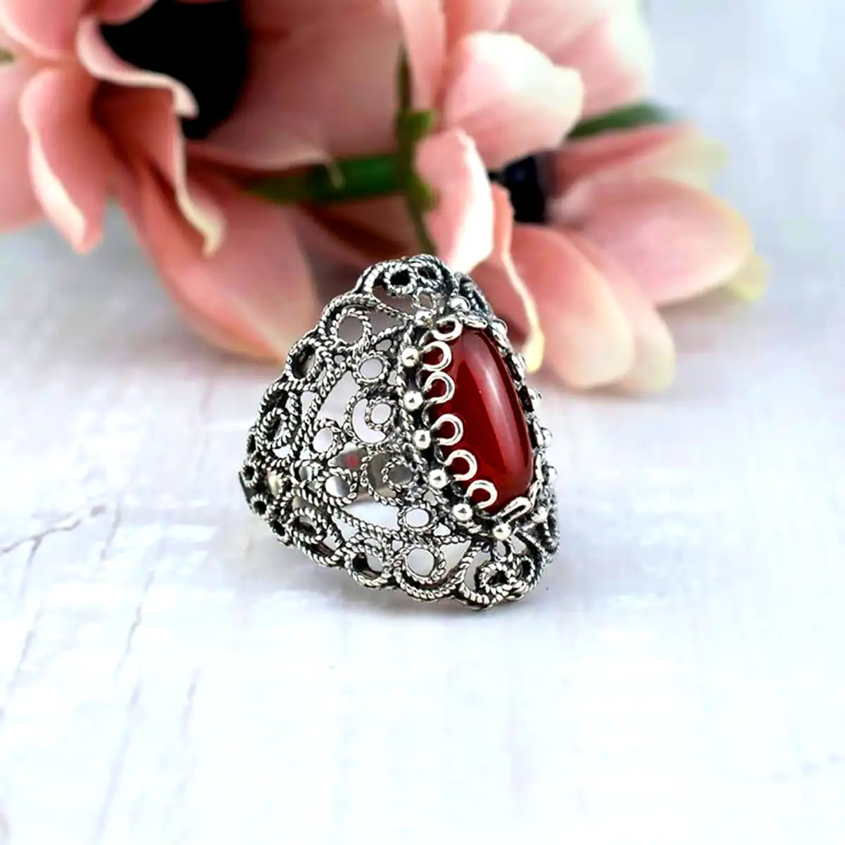 انگشتر رکاب نقره با عقیق قهوه ای