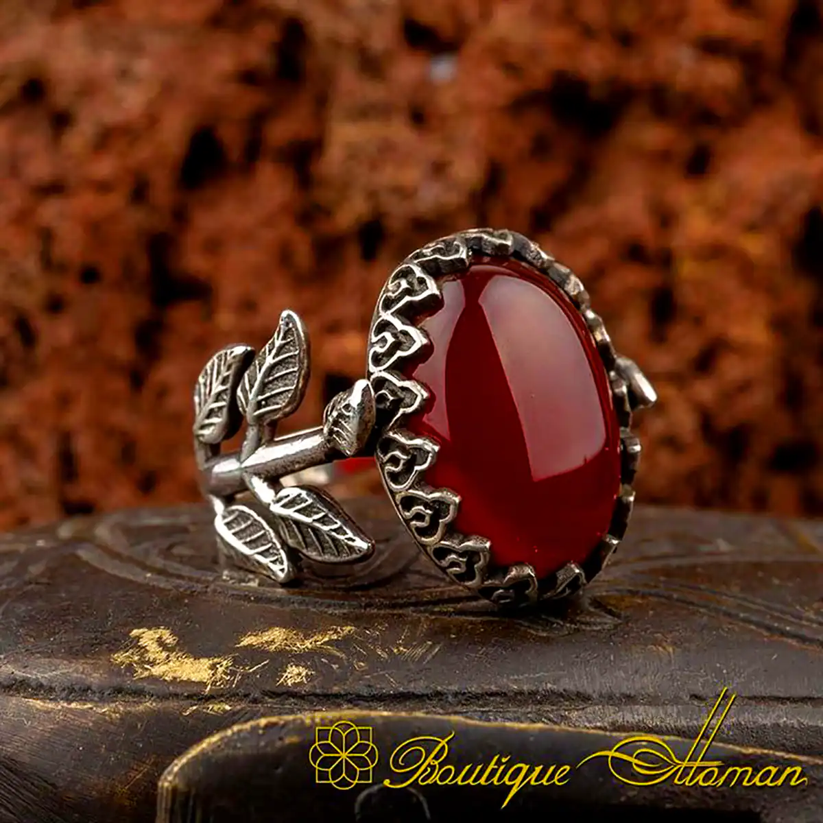 انگشتر رکاب نقره با عقیق قهوه ای