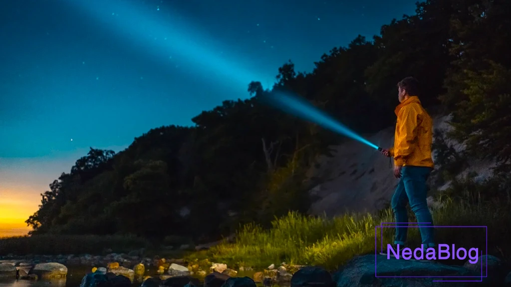 فردی با چراغ قوه در شب