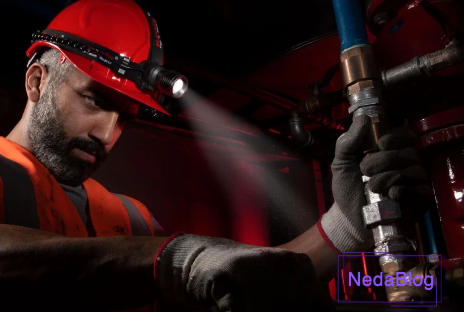 فردی با استفاده از چراغ قوه پیشانی در حال تعمیر در یک جای تعاریک