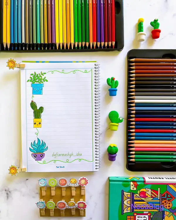 تزیین دفتر مشق دخترانه فانتزی با مداد رنگی و نقاشی های ساده