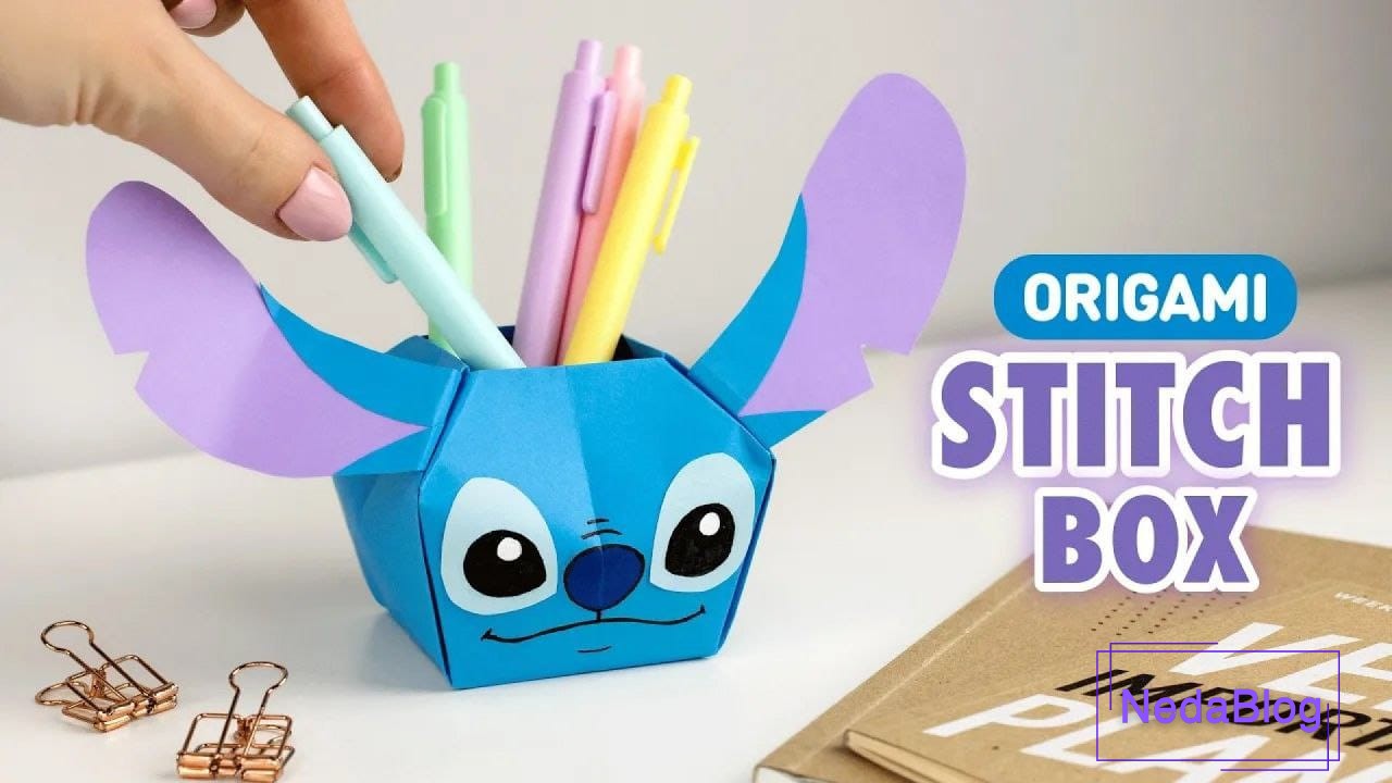 آموزش ساخت جامدادی اوریگامی با طرح فانتزی استیچ آبی مناسب لوازم تحریر