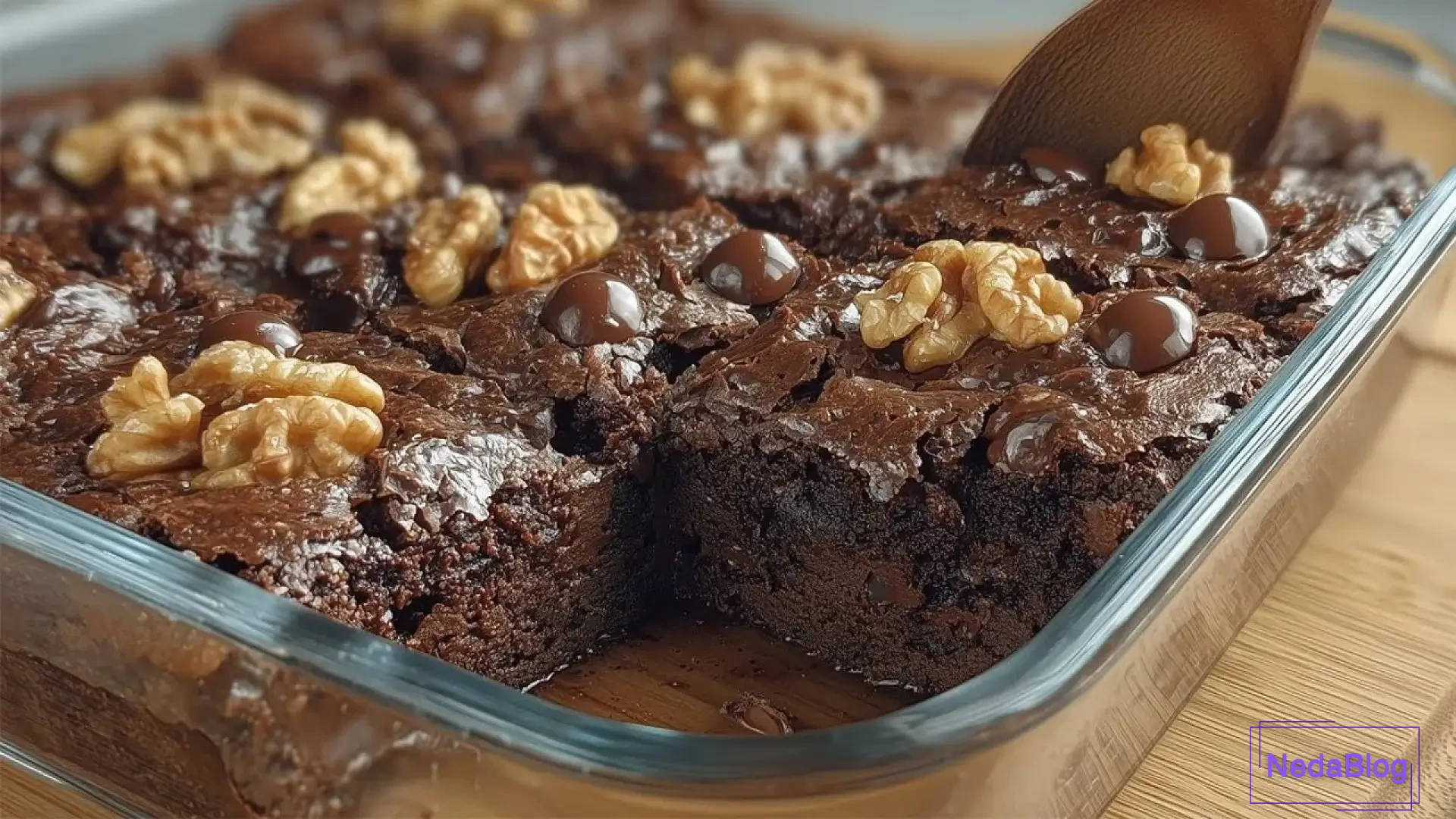 نمای نزدیک از دسر شکلاتی مرطوب با کدو حلوایی که در ظرف شیشه‌ای پخته شده و با گردو و چیپس شکلات تزئین شده است. یک کفگیر چوبی در حال برداشتن یک تکه از دسر است.